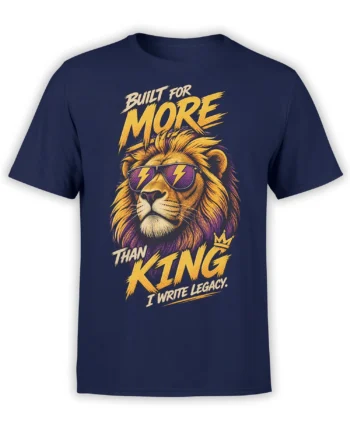 Bold lion graphic tee in navy with sunglasses, lightning bolts, crown, and “I Write Legacy” lettering