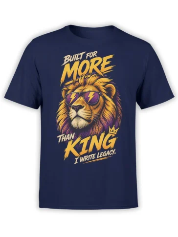 Bold lion graphic tee in navy with sunglasses, lightning bolts, crown, and “I Write Legacy” lettering