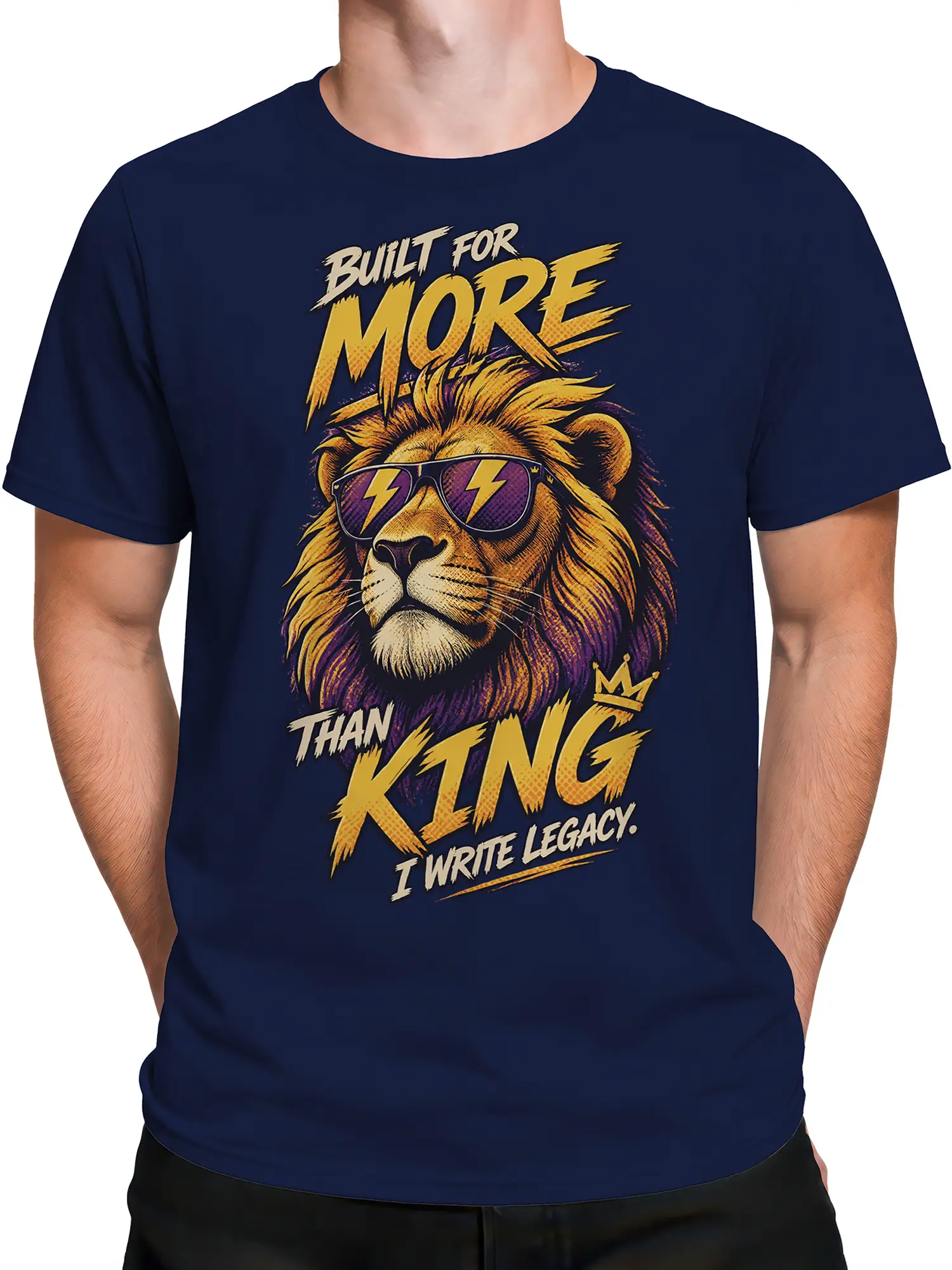 Male torso wearing a navy lion graphic T-shirt with sunglasses, lightning bolts, crown, and legacy lettering