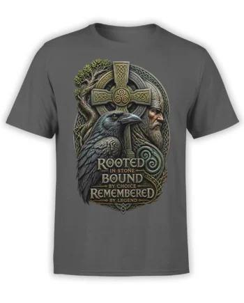 Dark gray fantasy T-shirt with a black raven, bearded warrior, knotwork, tree, and legendary text