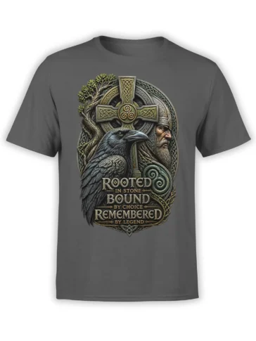 Dark gray fantasy T-shirt with a black raven, bearded warrior, knotwork, tree, and legendary text