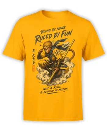 Yellow T-shirt featuring a cloud-riding monkey warrior with a golden staff and bold black lettering