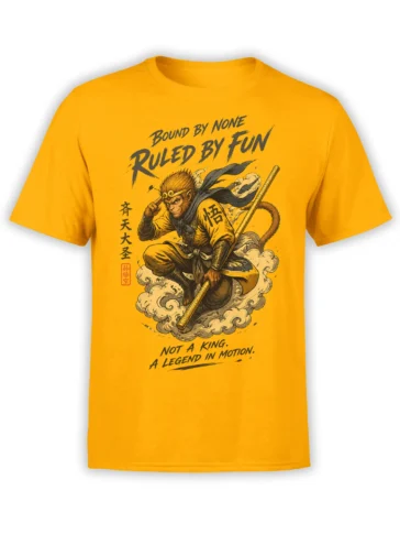 Yellow T-shirt featuring a cloud-riding monkey warrior with a golden staff and bold black lettering