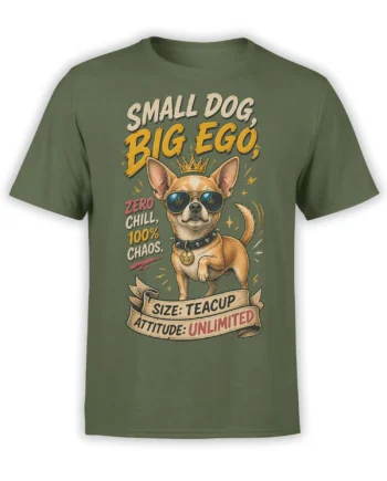 Small tan dog in sunglasses and a crown on a green small dog graphic T-shirt