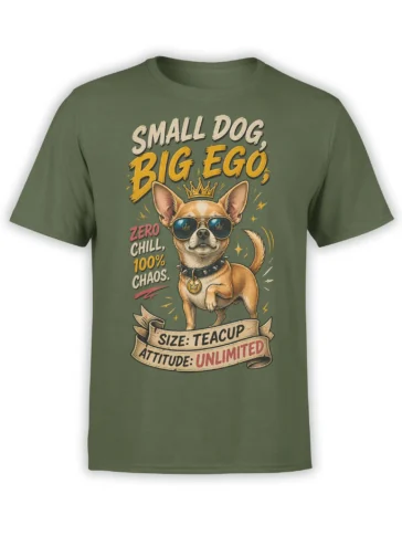 Small tan dog in sunglasses and a crown on a green small dog graphic T-shirt