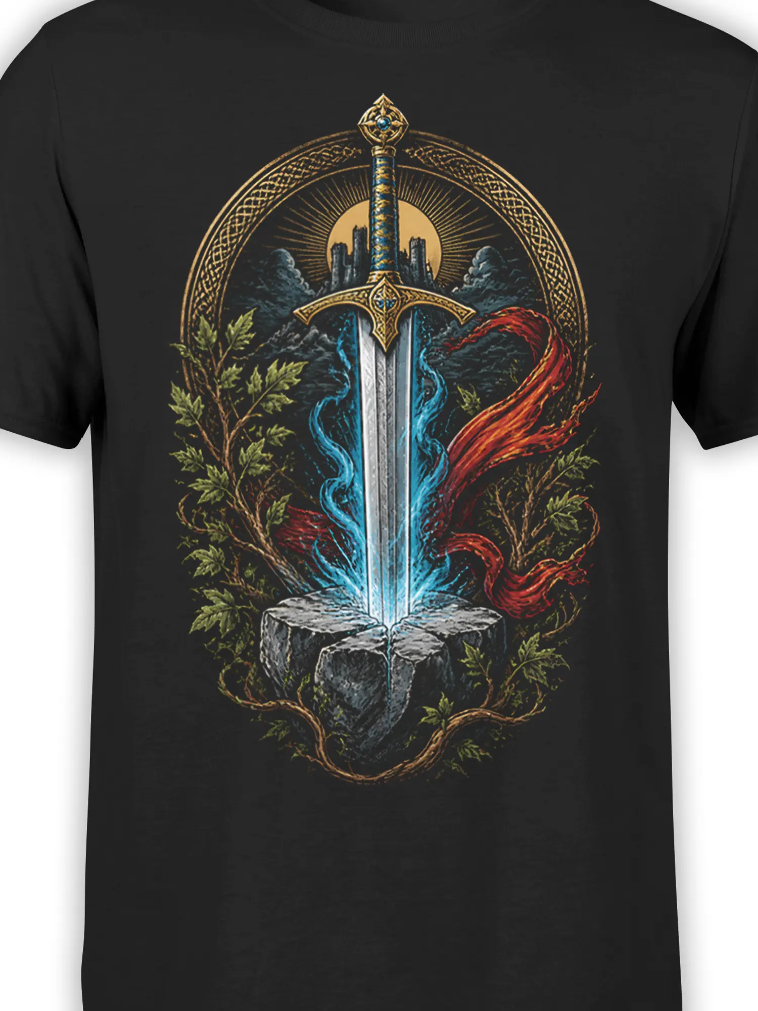 Close-up of the ornate sword, stone base, castle, foliage, and blue and red elements on a black fantasy tee