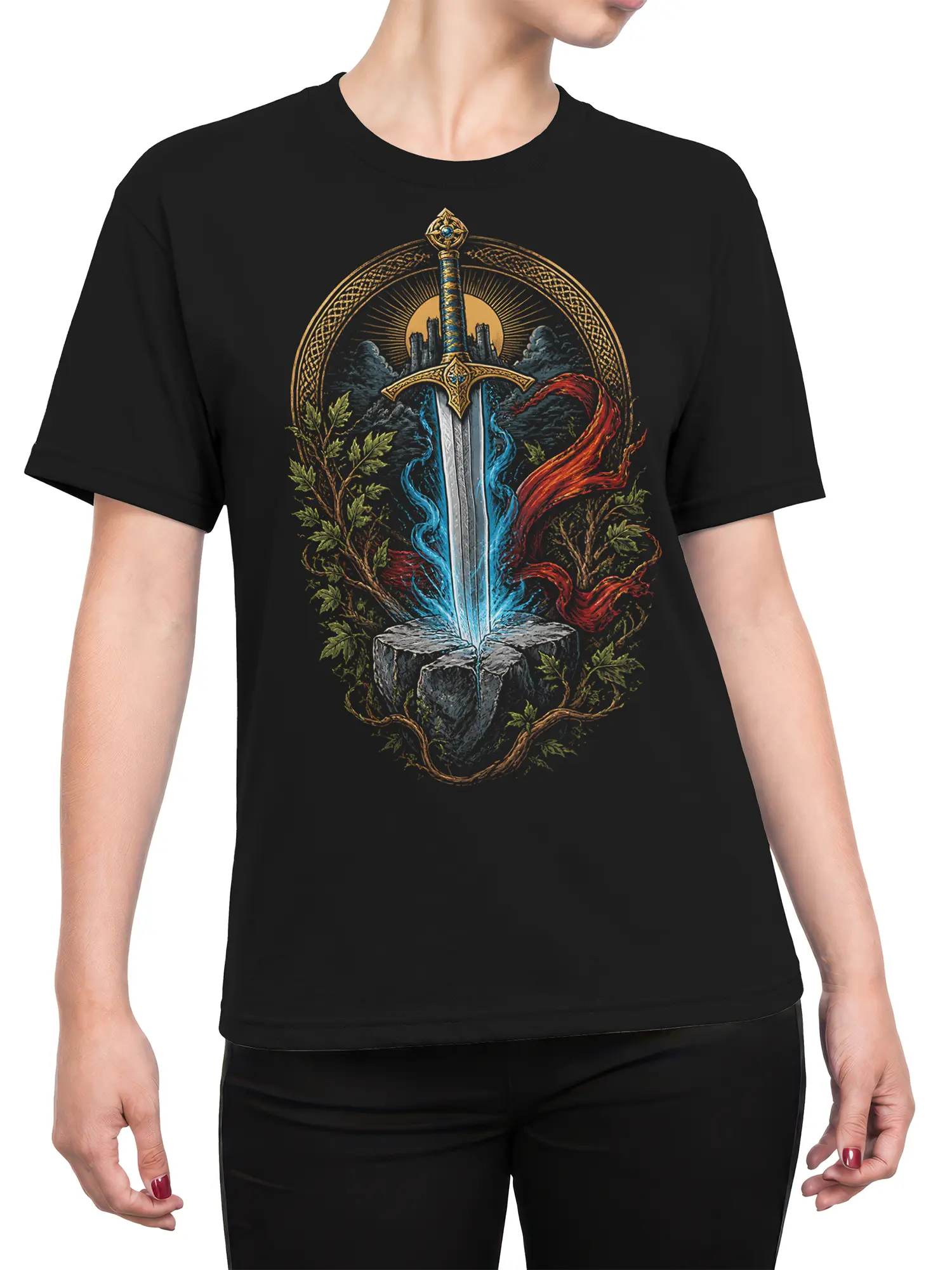 Female torso wearing a black fantasy T-shirt with a detailed sword, castle, leaves, and blue and red elements