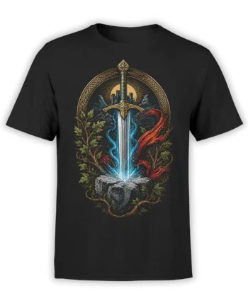 Black fantasy T-shirt with an ornate sword in stone, blue and red elemental flames, leaves, and a castle