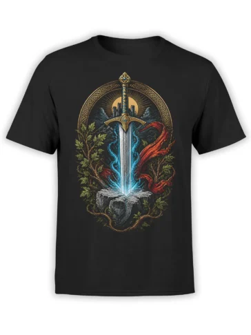 Black fantasy T-shirt with an ornate sword in stone, blue and red elemental flames, leaves, and a castle