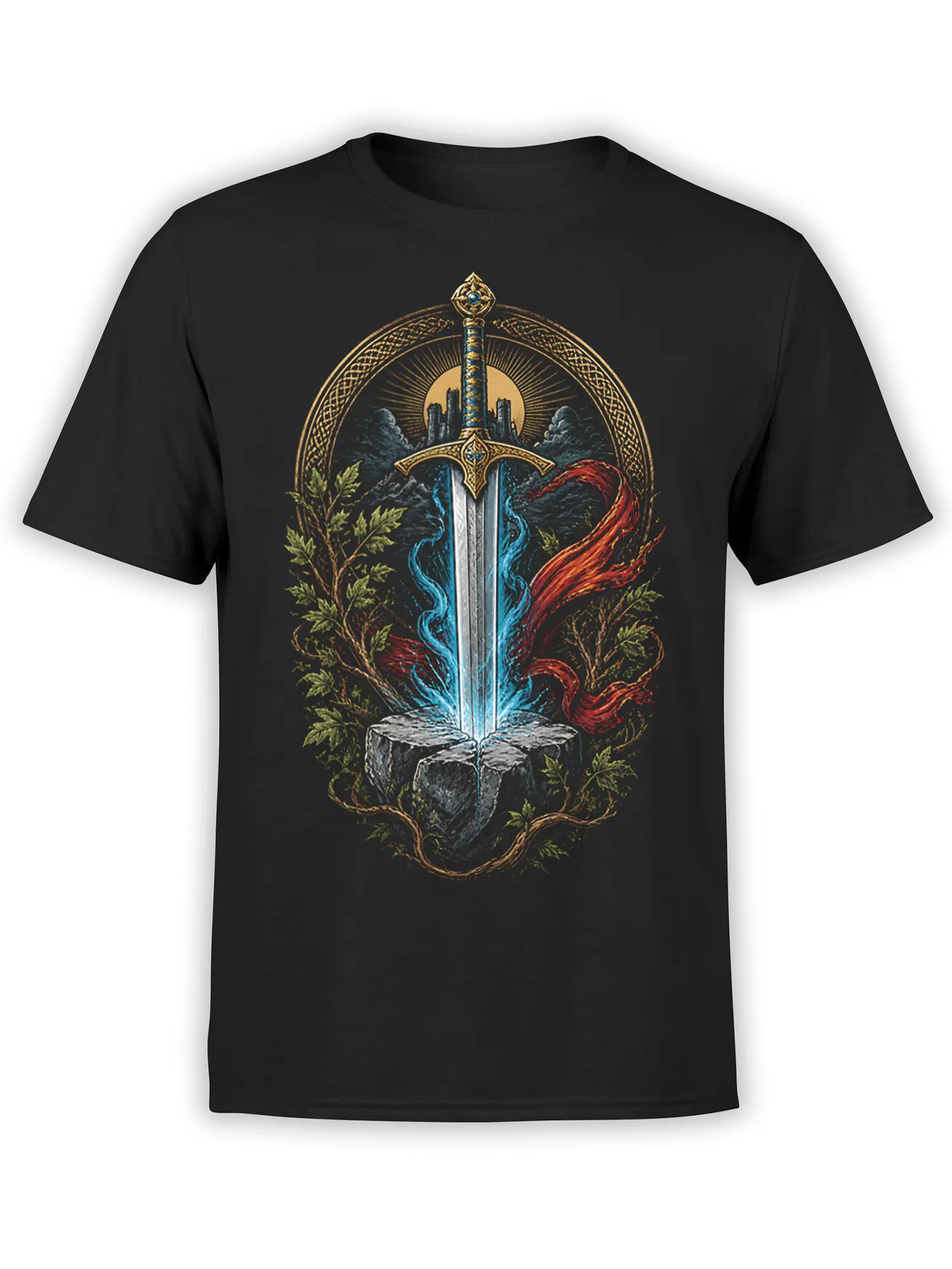 Black fantasy T-shirt with an ornate sword in stone, blue and red elemental flames, leaves, and a castle