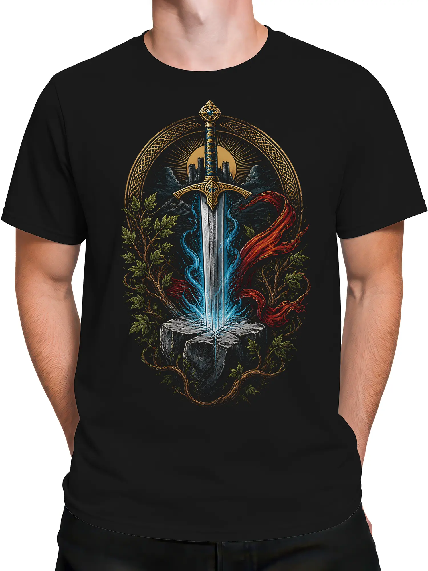Male torso wearing a black fantasy graphic tee with an ornate sword and blue and red elemental artwork