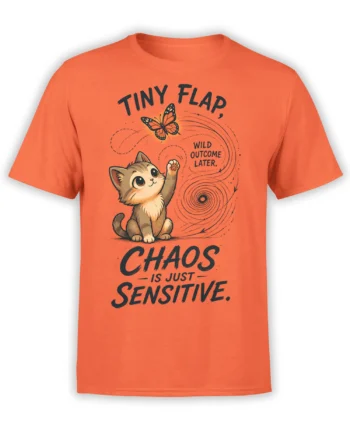 Coral-orange cat T-shirt with a wide-eyed kitten, butterfly, swirling lines, and “Chaos Is Just Sensitive” text