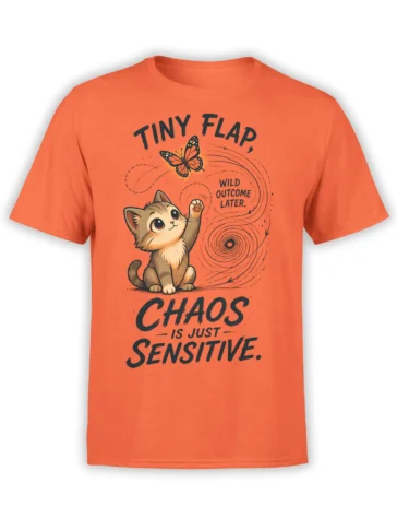 Coral-orange cat T-shirt with a wide-eyed kitten, butterfly, swirling lines, and “Chaos Is Just Sensitive” text