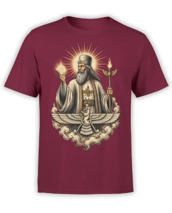 Burgundy T-shirt with a bearded robed sage, sacred flame staff, halos, and winged symbols in vintage artwork