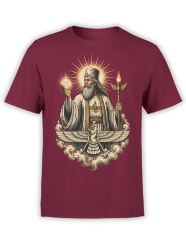 Burgundy T-shirt with a bearded robed sage, sacred flame staff, halos, and winged symbols in vintage artwork
