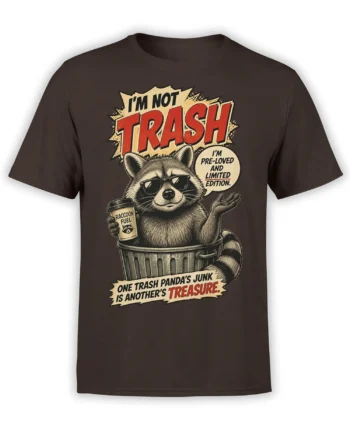 Brown raccoon t-shirt featuring a sunglasses-wearing trash panda, Raccoon Fuel, and bold comic lettering