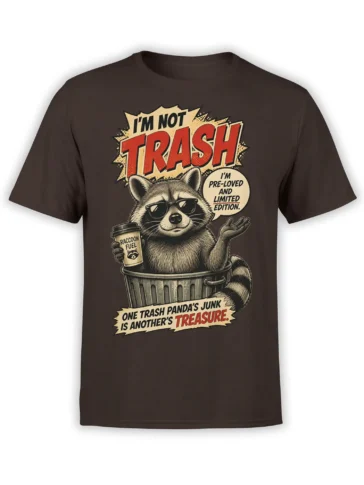 Brown raccoon t-shirt featuring a sunglasses-wearing trash panda, Raccoon Fuel, and bold comic lettering