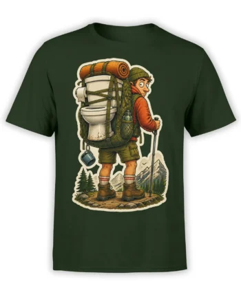 Green T-shirt with a vintage-style hiker carrying a toilet backpack through a mountain landscape