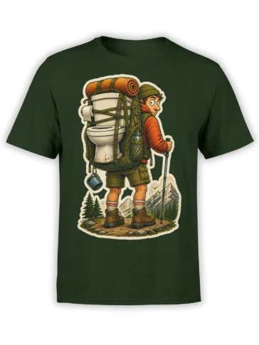 Green T-shirt with a vintage-style hiker carrying a toilet backpack through a mountain landscape