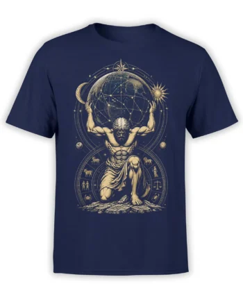 Navy fantasy T-shirt with a bearded celestial figure holding a starry globe above a zodiac wheel