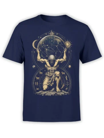 Navy fantasy T-shirt with a bearded celestial figure holding a starry globe above a zodiac wheel