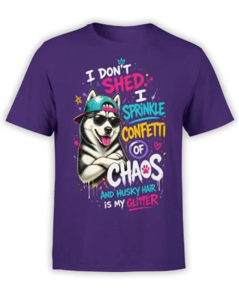 Purple husky dog T-shirt with sunglasses, colorful confetti lettering, and a playful chaos slogan