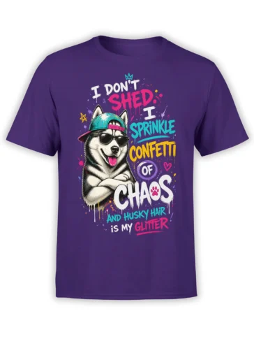Purple husky dog T-shirt with sunglasses, colorful confetti lettering, and a playful chaos slogan