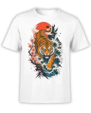 White T-shirt with a fierce orange tiger charging through blue waves and cherry blossoms beneath a red sun