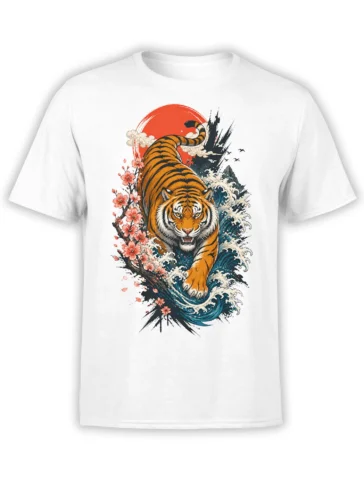 White T-shirt with a fierce orange tiger charging through blue waves and cherry blossoms beneath a red sun