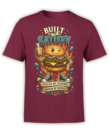 Smiling cheeseburger with flames and craving-themed banners printed on a burgundy T-shirt