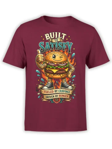 Smiling cheeseburger with flames and craving-themed banners printed on a burgundy T-shirt