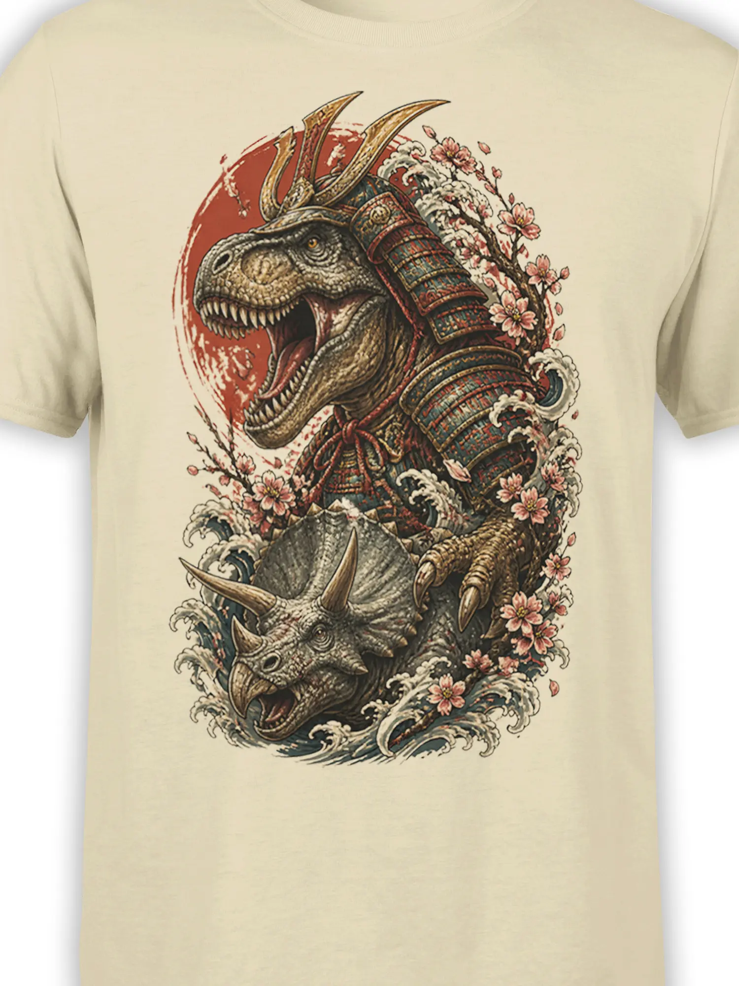 Close-up of samurai-armored dinosaurs, curling waves, and cherry blossoms on a beige graphic tee
