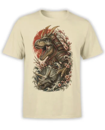 Beige dinosaur T-shirt with samurai-armored tyrannosaurus and triceratops among waves and cherry blossoms