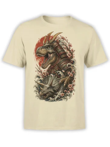 Beige dinosaur T-shirt with samurai-armored tyrannosaurus and triceratops among waves and cherry blossoms