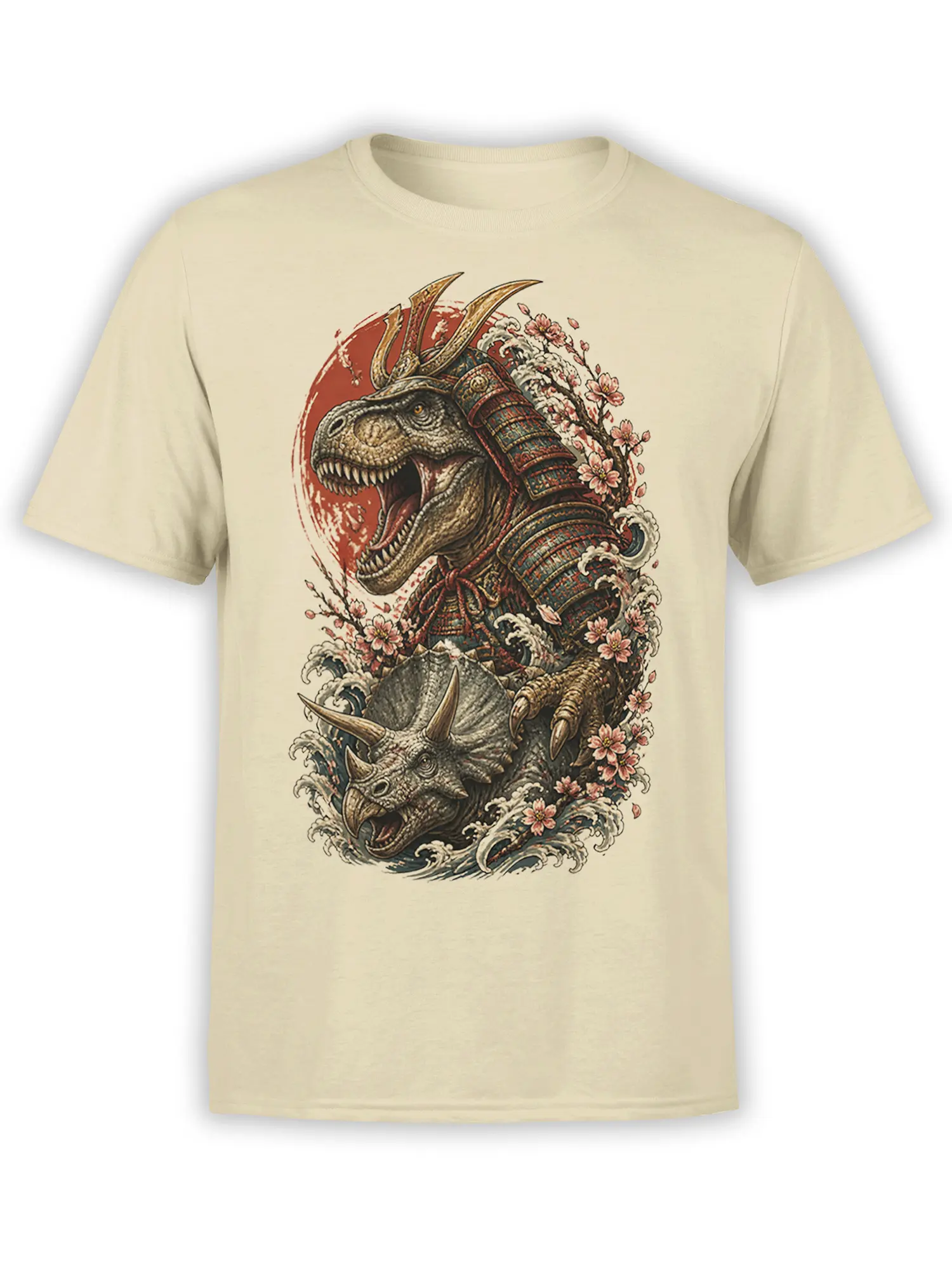Beige dinosaur T-shirt with samurai-armored tyrannosaurus and triceratops among waves and cherry blossoms