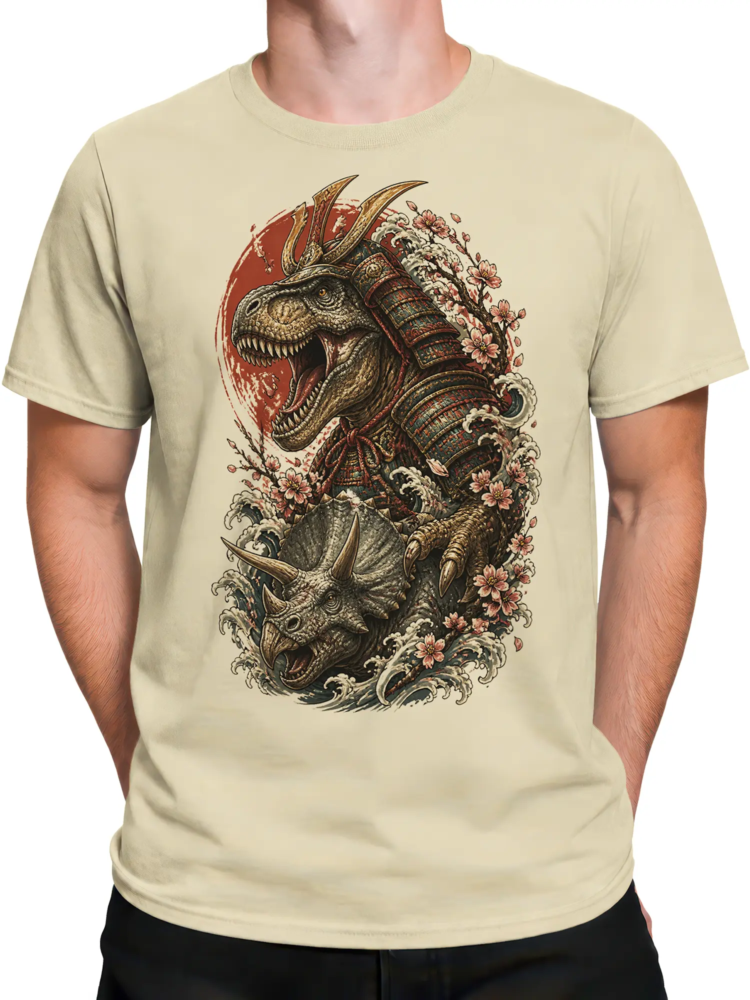 Male torso wearing a beige dinosaur graphic T-shirt with samurai armor and cherry blossom details