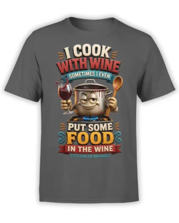 Dark gray cooking T-shirt with a smiling pot, red wine glass, wooden spoon, and vintage lettering