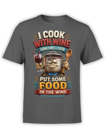 Dark gray cooking T-shirt with a smiling pot, red wine glass, wooden spoon, and vintage lettering