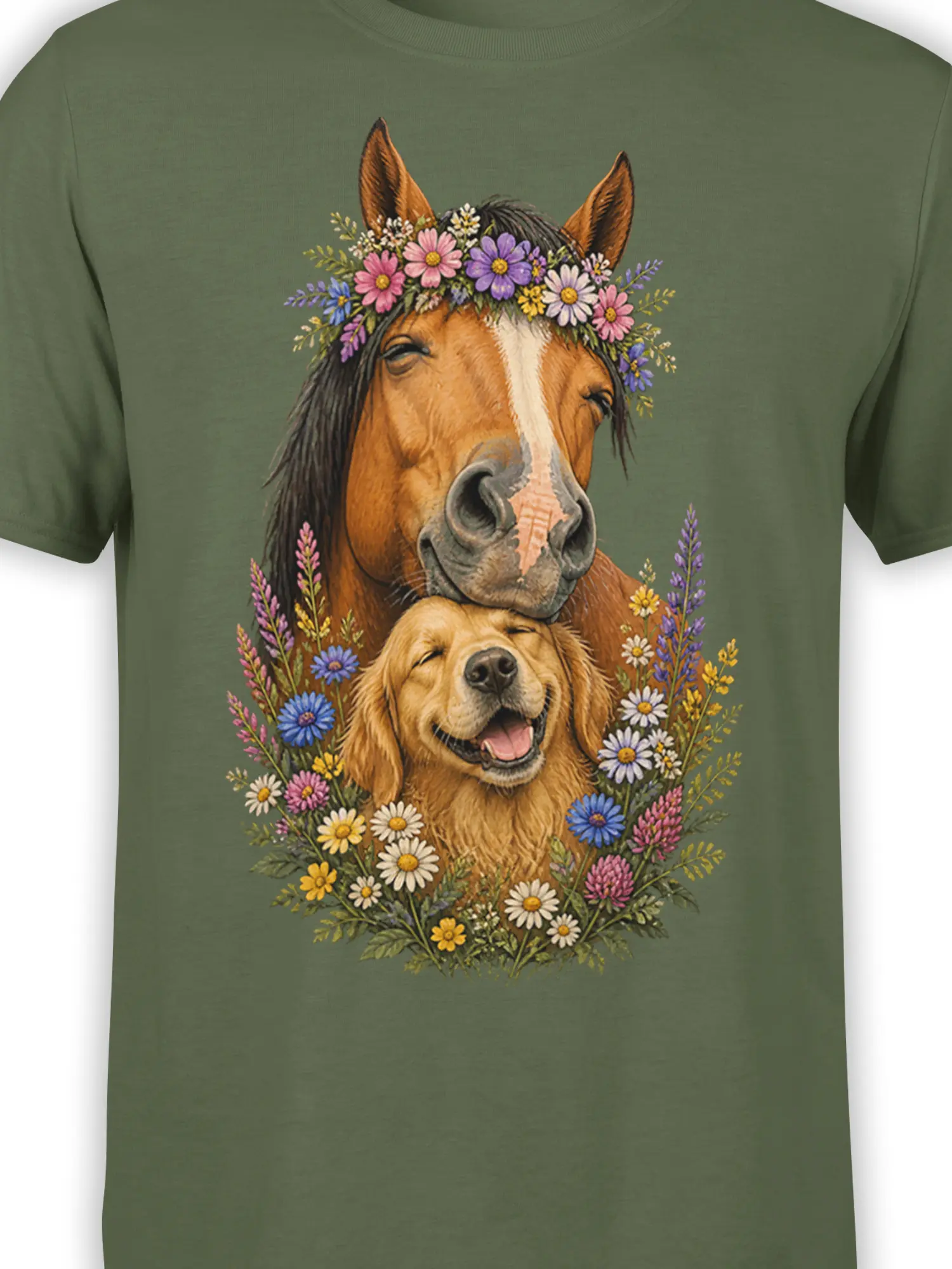 Close-up of horse and golden retriever floral artwork on a green shirt
