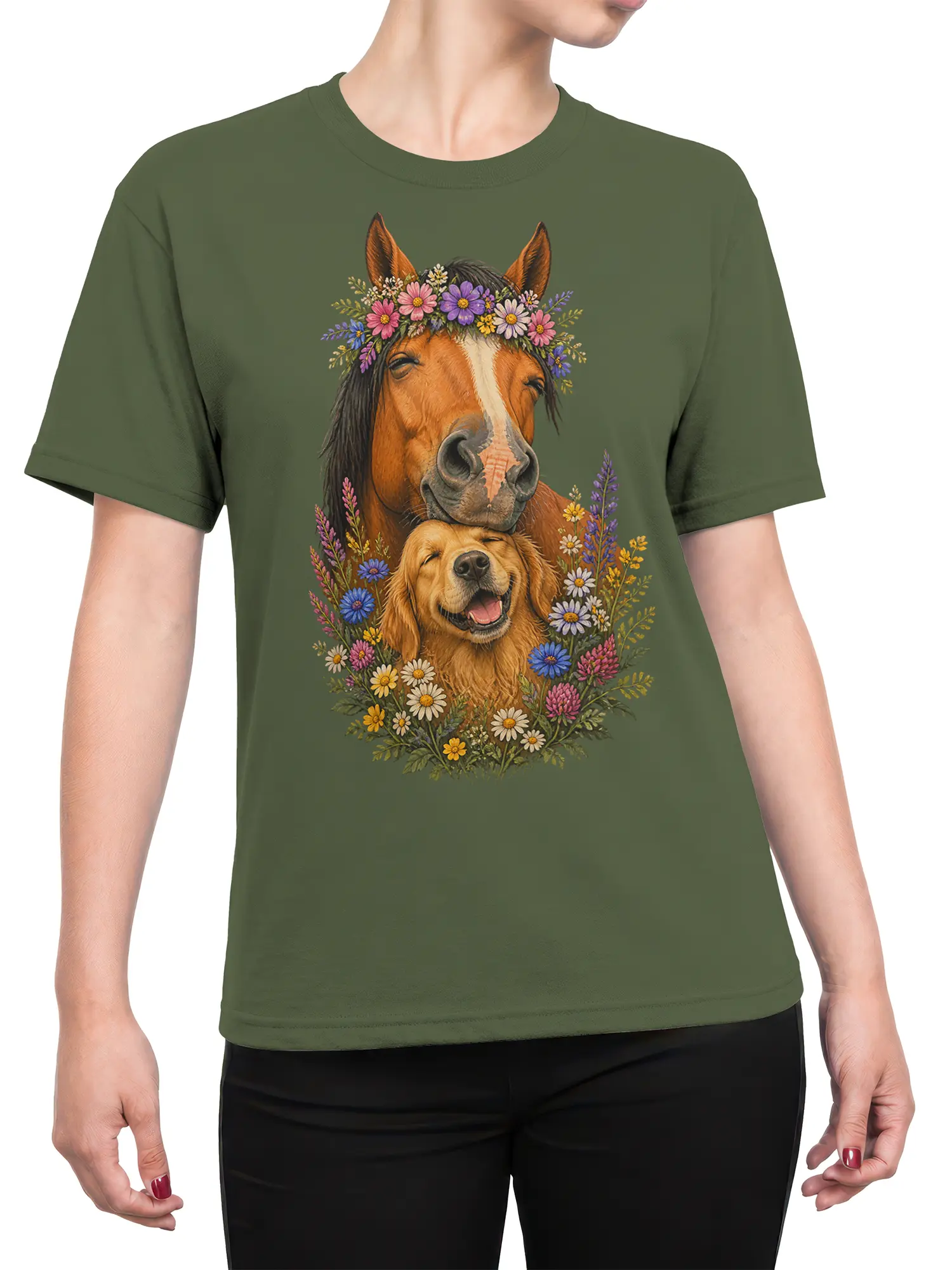 Female torso wearing a green horse and golden retriever floral graphic tee