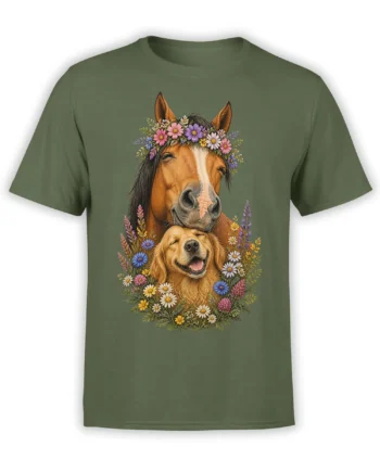 Brown horse and golden retriever with colorful wildflowers on a green graphic tee
