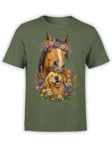 Brown horse and golden retriever with colorful wildflowers on a green graphic tee