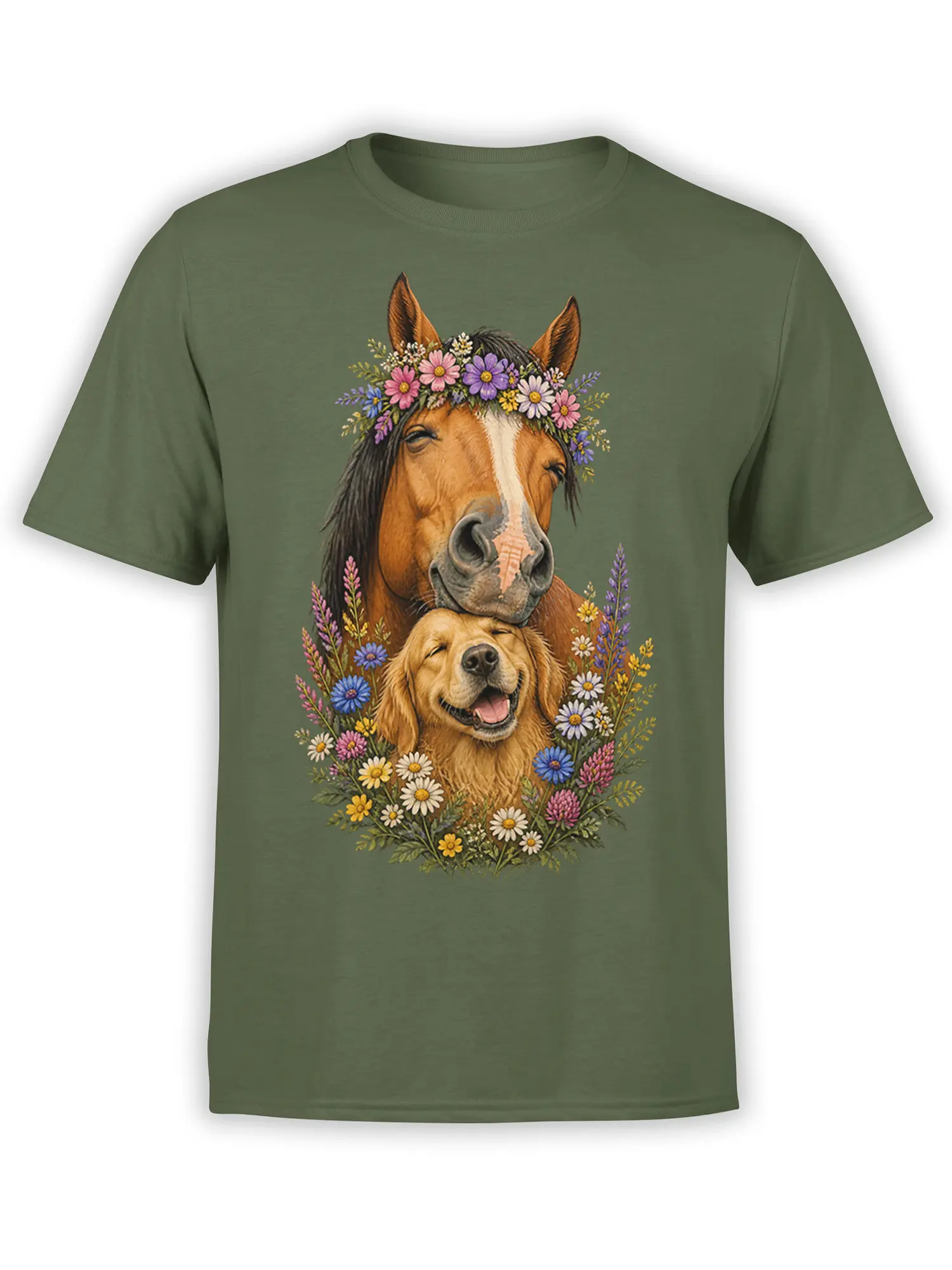 Brown horse and golden retriever with colorful wildflowers on a green graphic tee