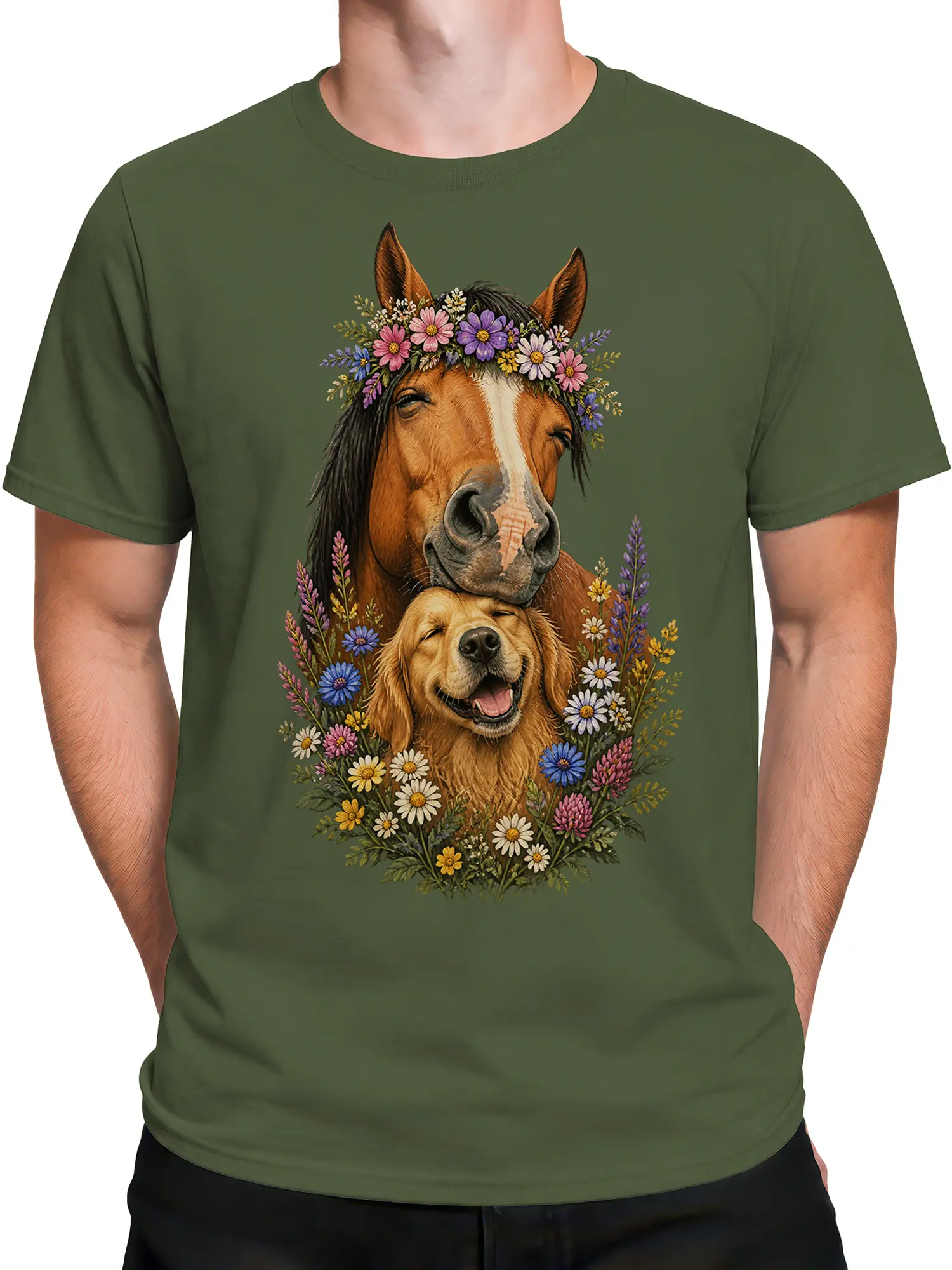 Male torso wearing a green horse and golden retriever floral graphic tee