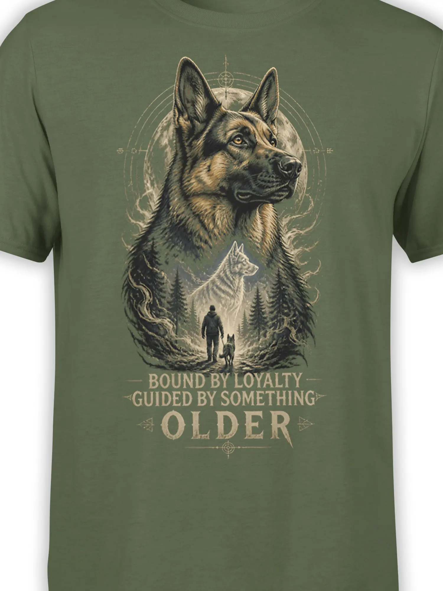 Close-up of the German shepherd and forest artwork with a wolf-like spirit, moon, symbols, and loyalty message on olive green fabric