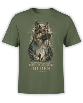 Olive green German shepherd t-shirt with a forest scene, loyal companions, wolf spirit, moon, and vintage-style lettering