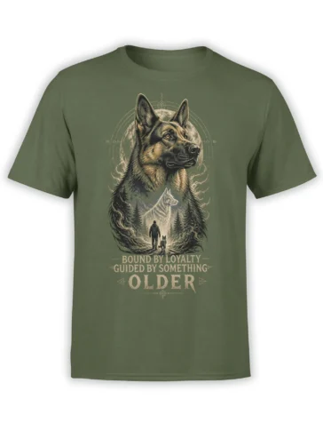 Olive green German shepherd t-shirt with a forest scene, loyal companions, wolf spirit, moon, and vintage-style lettering
