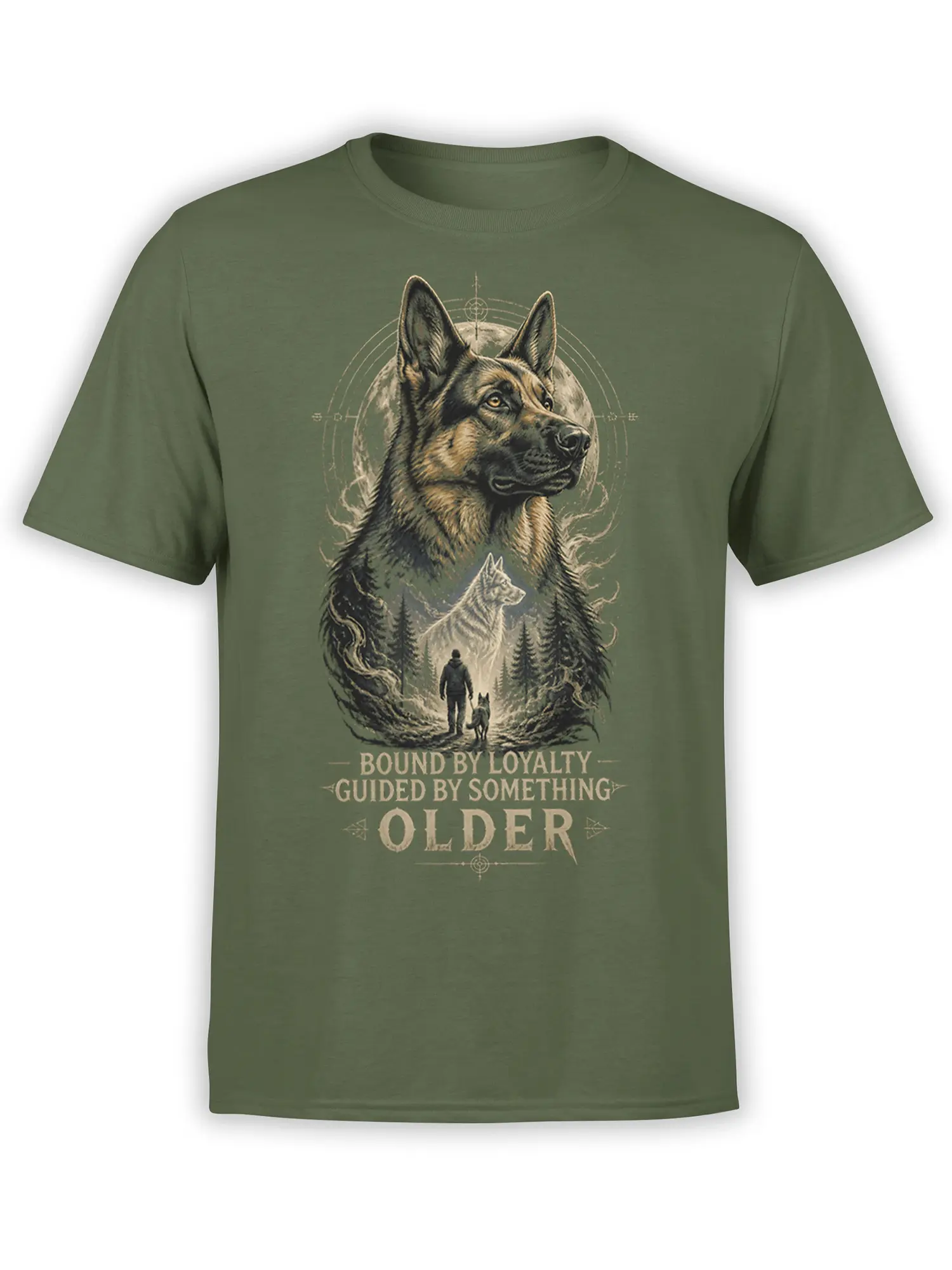 Olive green German shepherd t-shirt with a forest scene, loyal companions, wolf spirit, moon, and vintage-style lettering