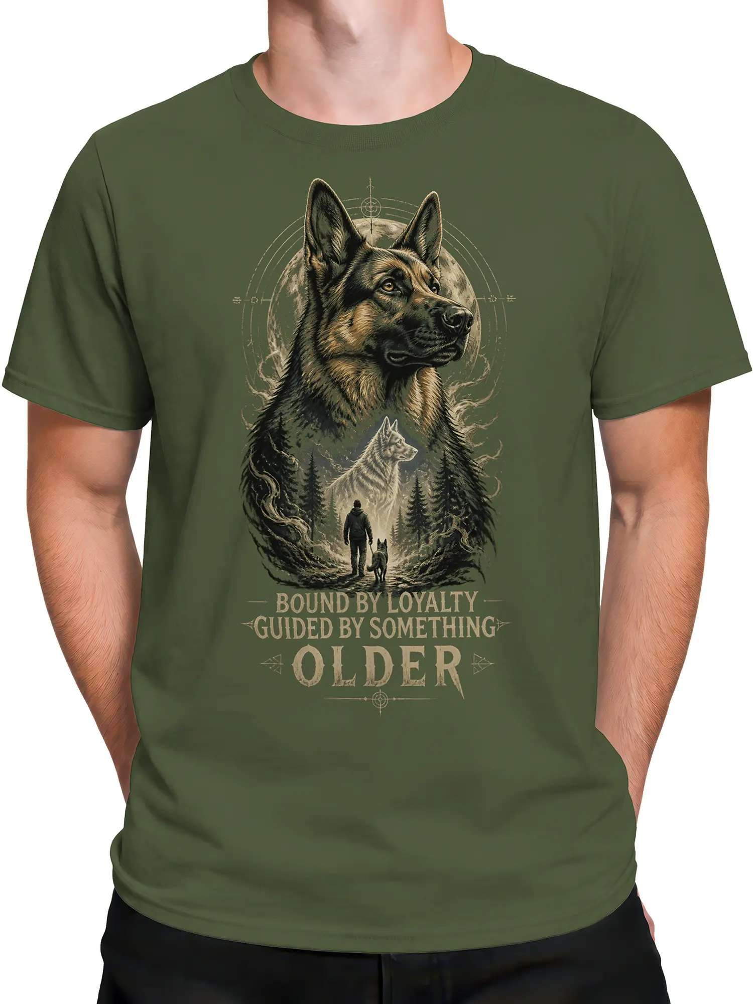 Male torso wearing an olive green German shepherd graphic tee with forest artwork and a loyalty-themed message