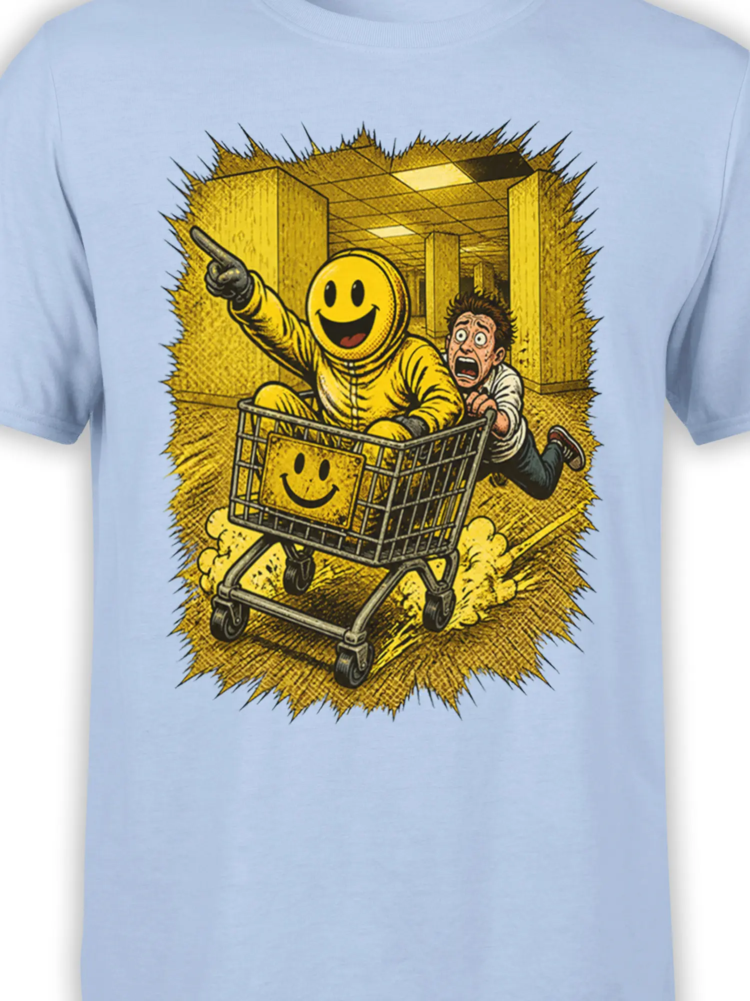 Close-up of the smiling yellow character and shopping cart on a light blue retro comic graphic tee